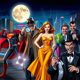 A vibrant and dynamic scene featuring iconic film characters from various genres, including a heroic superhero in a stylish costume striking a powerful pose, a mysterious detective wearing a classic trench coat and fedora holding a magnifying glass, a glamorous femme fatale in a vintage evening gown with an alluring expression, a quirky alien with bright colors and unique features, and a classic villain with a menacing grin and dark attire