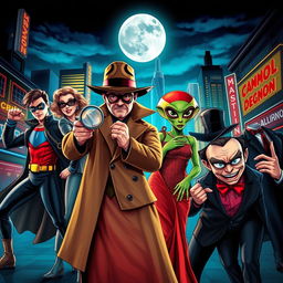 A vibrant and dynamic scene featuring iconic film characters from various genres, including a heroic superhero in a stylish costume striking a powerful pose, a mysterious detective wearing a classic trench coat and fedora holding a magnifying glass, a glamorous femme fatale in a vintage evening gown with an alluring expression, a quirky alien with bright colors and unique features, and a classic villain with a menacing grin and dark attire