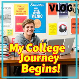 A colorful and engaging thumbnail for a first college vlog, featuring a confident young adult sitting at a desk cluttered with books and a laptop, showcasing an inviting dorm room background with posters of famous universities and motivational quotes