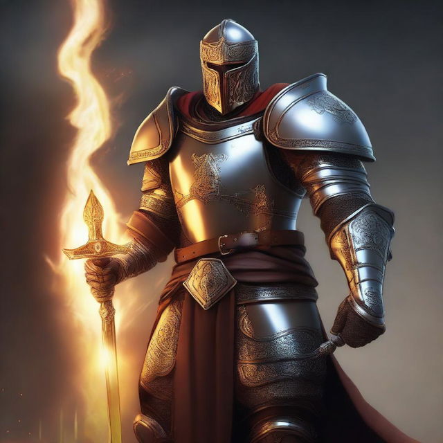 A high-quality digital art image features a human paladin in large armor, sans helmet