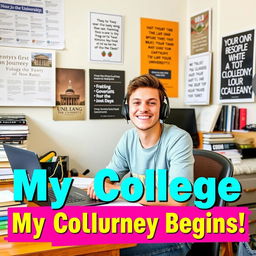 A colorful and engaging thumbnail for a first college vlog, featuring a confident young adult sitting at a desk cluttered with books and a laptop, showcasing an inviting dorm room background with posters of famous universities and motivational quotes