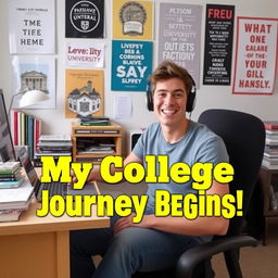 A colorful and engaging thumbnail for a first college vlog, featuring a confident young adult sitting at a desk cluttered with books and a laptop, showcasing an inviting dorm room background with posters of famous universities and motivational quotes