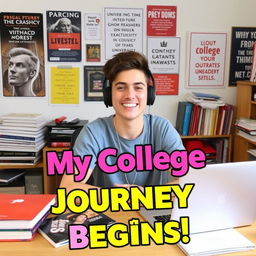 A colorful and engaging thumbnail for a first college vlog, featuring a confident young adult sitting at a desk cluttered with books and a laptop, showcasing an inviting dorm room background with posters of famous universities and motivational quotes