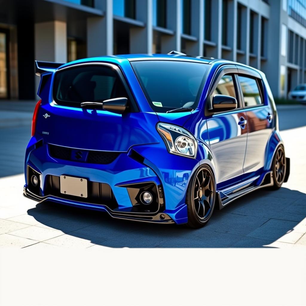 A striking, modified Suzuki Alto in shades of blue and black, showcasing its distinct modifications