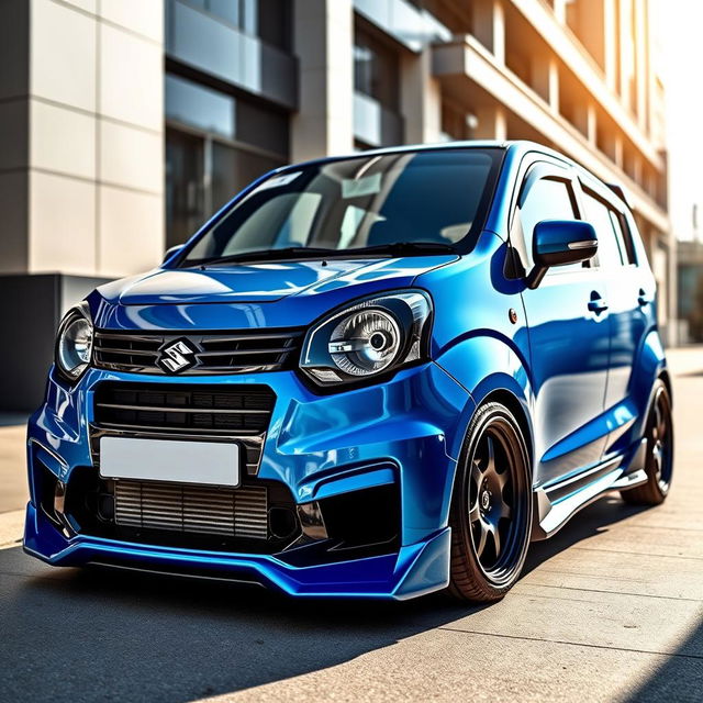 A striking, modified Suzuki Alto in shades of blue and black, showcasing its distinct modifications