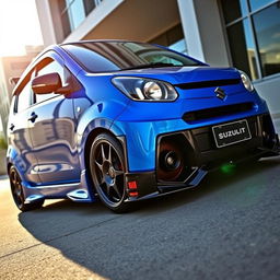 A striking, modified Suzuki Alto in shades of blue and black, showcasing its distinct modifications
