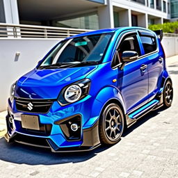 A striking, modified Suzuki Alto in shades of blue and black, showcasing its distinct modifications