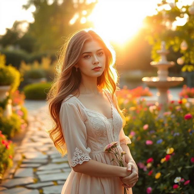 A serene garden filled with blooming flowers under the soft light of a golden sunset