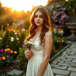 A serene garden filled with blooming flowers under the soft light of a golden sunset