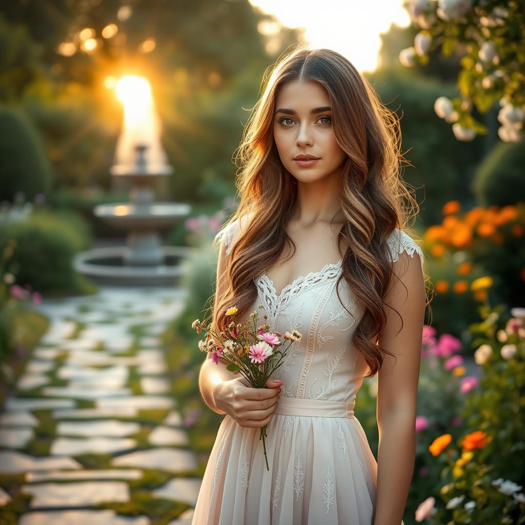 A serene garden filled with blooming flowers under the soft light of a golden sunset