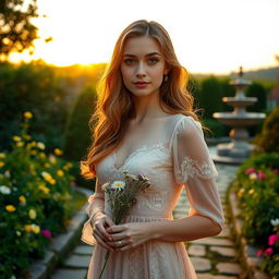 A serene garden filled with blooming flowers under the soft light of a golden sunset