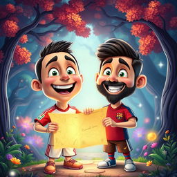 Ronaldo and Messi as cartoon characters with exaggerated features, specifically larger heads and smaller bodies