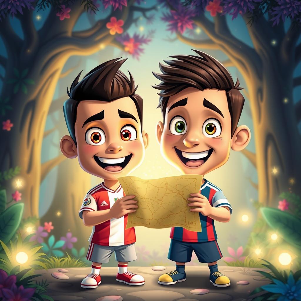 Ronaldo and Messi as cartoon characters with exaggerated features, specifically larger heads and smaller bodies