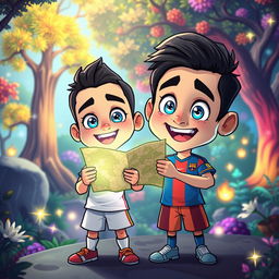 Ronaldo and Messi as cartoon characters with exaggerated features, specifically larger heads and smaller bodies