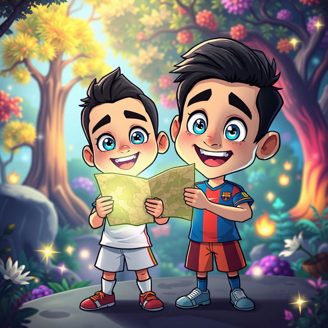 Ronaldo and Messi as cartoon characters with exaggerated features, specifically larger heads and smaller bodies