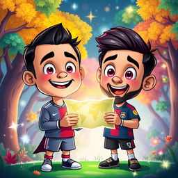 Ronaldo and Messi as cartoon characters with exaggerated features, specifically larger heads and smaller bodies