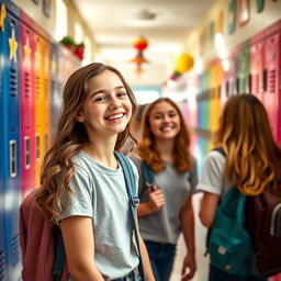 A wide shot of a vibrant school hallway filled with colorful lockers and cheerful decorations