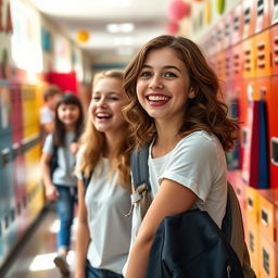 A wide shot of a vibrant school hallway filled with colorful lockers and cheerful decorations