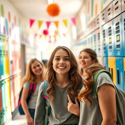 A wide shot of a vibrant school hallway filled with colorful lockers and cheerful decorations