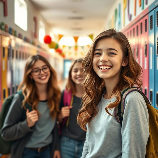 A wide shot of a vibrant school hallway filled with colorful lockers and cheerful decorations