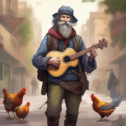 A vivid digital art illustration brings to life a homeless bard in a fantasy setting