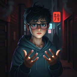 A teenage boy with short, messy dark hair and rectangular glasses, dressed casually in a hoodie and sneakers