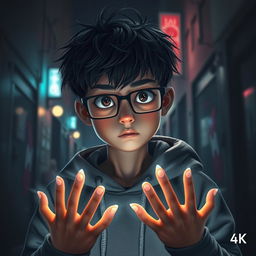 A teenage boy with short, messy dark hair and rectangular glasses, dressed casually in a hoodie and sneakers