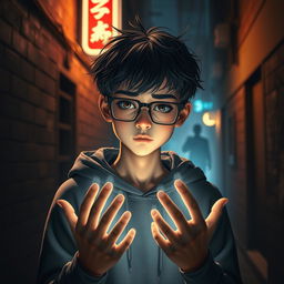 A teenage boy with short, messy dark hair and rectangular glasses, dressed casually in a hoodie and sneakers