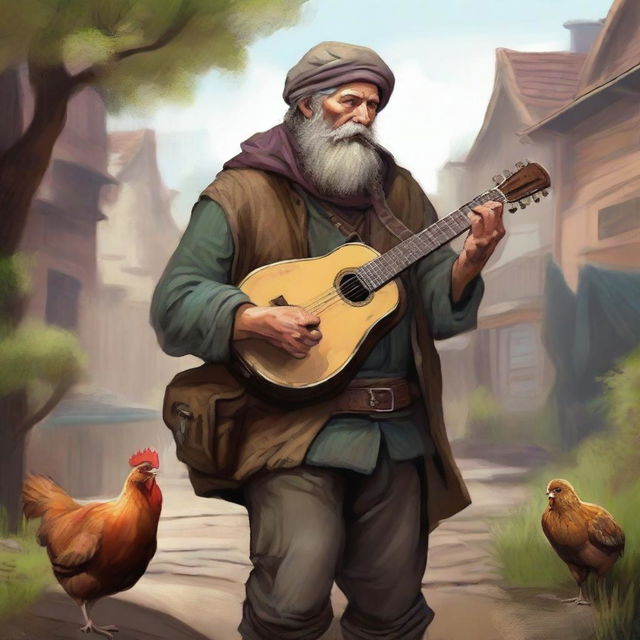 A vivid digital art illustration brings to life a homeless bard in a fantasy setting