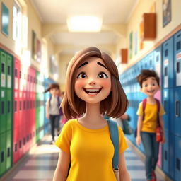 A vibrant 3D animation scene depicting a school hallway, with cheerful students milling around