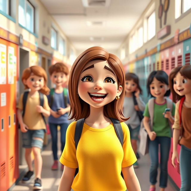 A vibrant 3D animation scene depicting a school hallway, with cheerful students milling around