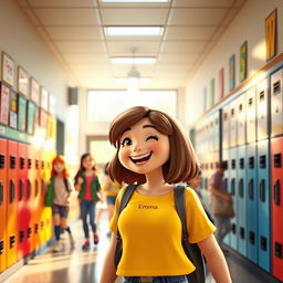 A vibrant 3D animation scene depicting a school hallway, with cheerful students milling around