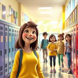 A vibrant 3D animation scene depicting a school hallway, with cheerful students milling around