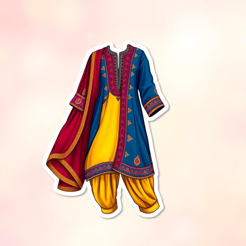 A colorful and vibrant sticker design featuring a shalwar qameez, a traditional South Asian outfit