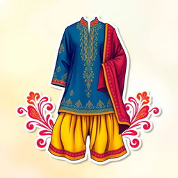 A colorful and vibrant sticker design featuring a shalwar qameez, a traditional South Asian outfit