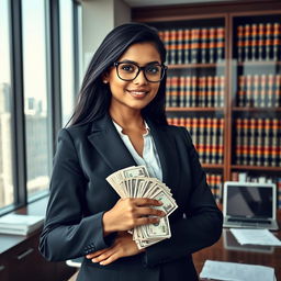 An Indian female lawyer in a sharp black suit, confidently holding a large stack of cash in one hand while standing in a modern law office with bookshelves filled with legal books