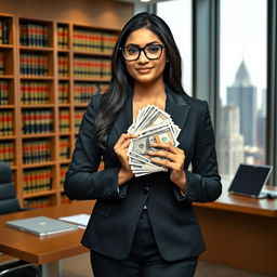 An Indian female lawyer in a sharp black suit, confidently holding a large stack of cash in one hand while standing in a modern law office with bookshelves filled with legal books