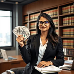 An Indian female lawyer in a sharp black suit, confidently holding a large stack of cash in one hand while standing in a modern law office with bookshelves filled with legal books