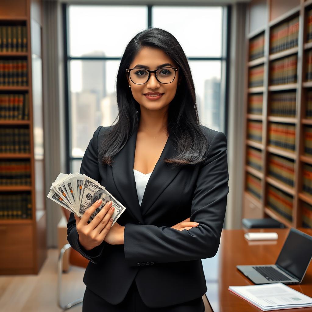 An Indian female lawyer in a sharp black suit, confidently holding a large stack of cash in one hand while standing in a modern law office with bookshelves filled with legal books