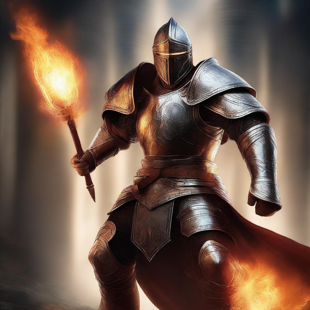 A high-quality digital art image depicts a human paladin in large armor, without a helmet