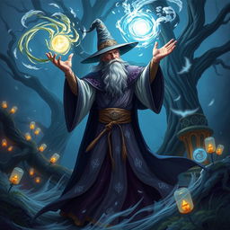 An ethereal wizard casting a powerful spell, surrounded by swirling magical energies
