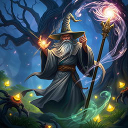 An ethereal wizard casting a powerful spell, surrounded by swirling magical energies