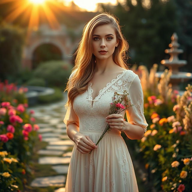 A beautiful woman standing in a serene garden filled with blooming flowers under the soft light of a golden sunset