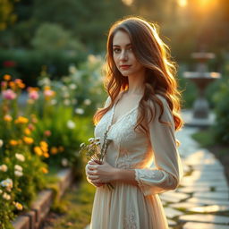 A beautiful woman standing in a serene garden filled with blooming flowers under the soft light of a golden sunset