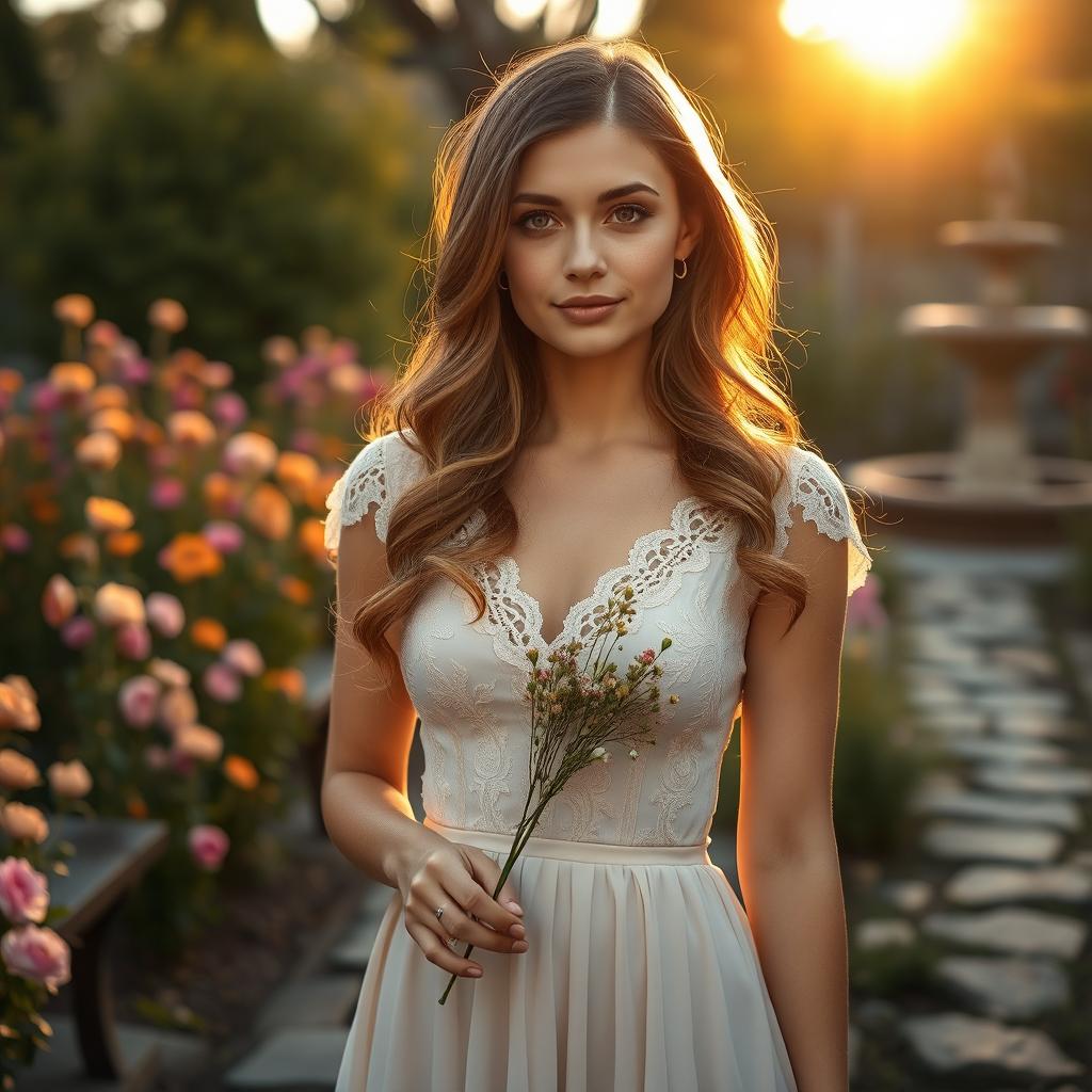 A beautiful woman standing in a serene garden filled with blooming flowers under the soft light of a golden sunset