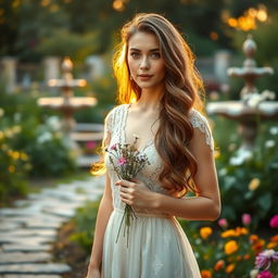 A beautiful woman standing in a serene garden filled with blooming flowers under the soft light of a golden sunset