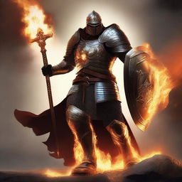 A high-quality digital art image depicts a human paladin in large armor, without a helmet