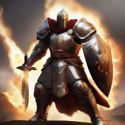 A high-quality digital art image depicts a human paladin in large armor, without a helmet