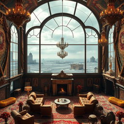 A stunning visual of an opulent room filled with extravagant decor and luxurious furnishings, showcasing rich tapestries and ornate gold accents