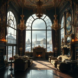 A stunning visual of an opulent room filled with extravagant decor and luxurious furnishings, showcasing rich tapestries and ornate gold accents